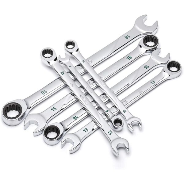 SATA 7-Piece Metric 120P Professional Combination Ratcheting Wrench Set with Universal Spline Drive and 120 Opening Positions, 8mm to 18mm – ST08043U