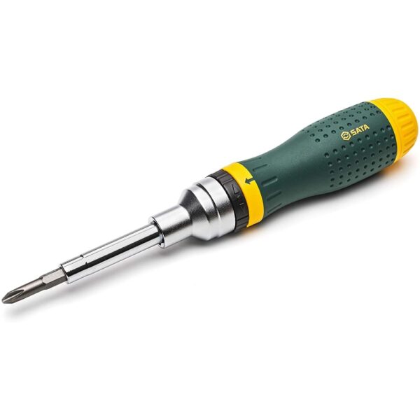 SATA 19-in-1 Multipurpose Ratcheting Screwdriver Set with 8 Double-Sided Bits and a Green and Yellow Oil-Resistant Handle – ST09350, 10 Piece