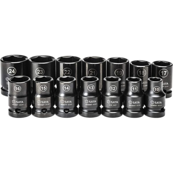 SATA 14-Piece 1/2-Inch Drive Shallow Thin-wall Impact Socket Set, Metric Sizes, made from Chrome Molybdenum – ST34397T