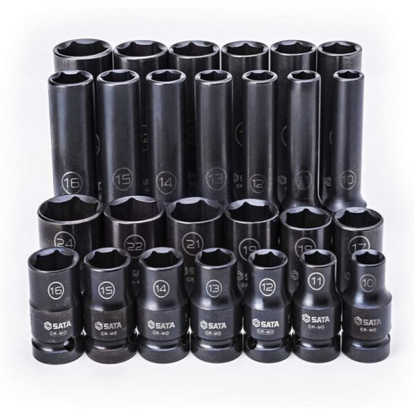 SATA 26-Piece 1/2-Inch Drive Standard and Deep Thin-wall Impact Socket Set, Metric Sizes, made from Chrome Molybdenum – ST34399T