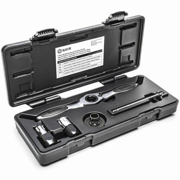 SATA 5 Piece Medium Ratcheting Tap and Die, 3/8-Inch Drive Tool Set with T-Handle, Reversing Lever and Hard Plastic Carrying Case – ST50402