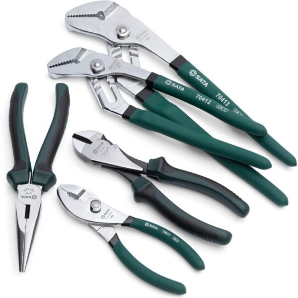 SATA 5-Piece Plier Set with Tongue-and-Groove (12-Inch and 10-Inch), Long-Nose (8-Inch), Diagonal (7-Inch) and Slip-Joint (6-Inch) Pliers – ST70001U