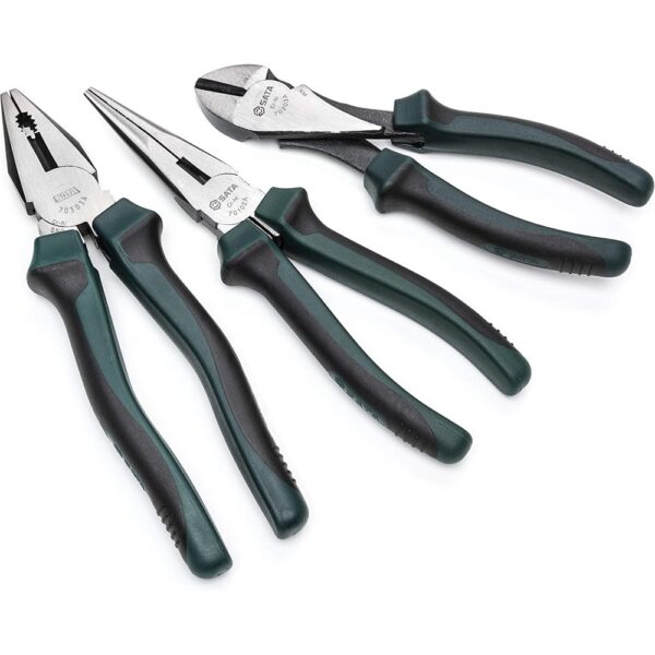 SATA Pliers Set (8″ Universal, 8″ Long-Nose & 7″ Diagonal), with Green Handles & Durable Nickel-Chrome Steel Bodies – ST70002U, 3 Piece Set